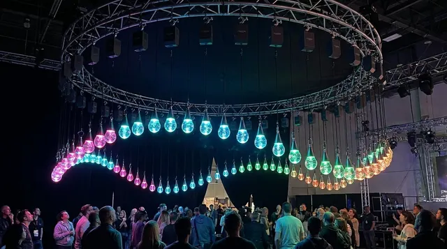 Кинетический свет: LED-шары на кольцевой ферме меняют цвет — нажмите для увеличения