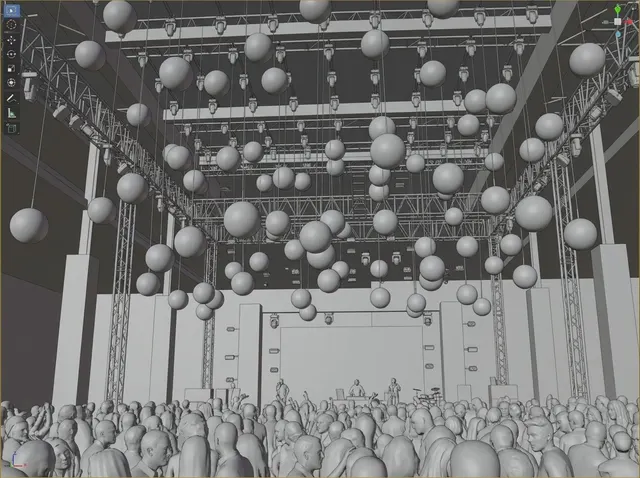3D-визуализация кинетической инсталляции: сцена с фермами и подвесными сферами — нажмите для увеличения